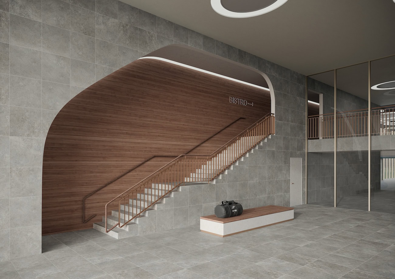 Treppen sind für Architekten ein gestalterisches Geschenk. Mit der Ascona-Treppenfliese in135 cm Breite erhält die plastische Skulptur die notwendige Trittsicherheit.