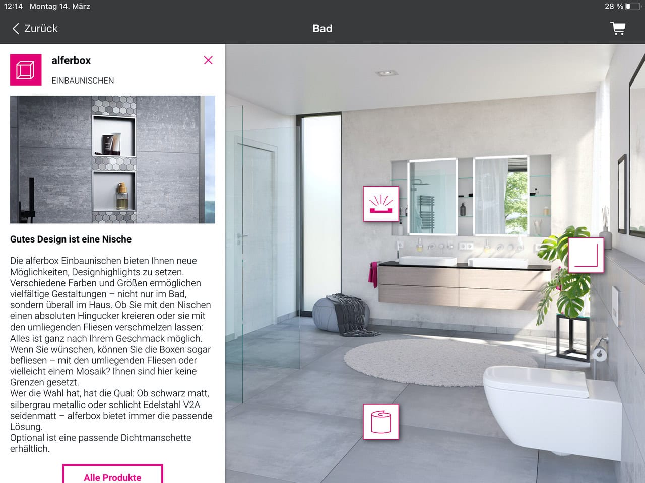 iPad-Screenshot der Badezimmer-Darstellung unter Produkt/Bad/alferbox in der App