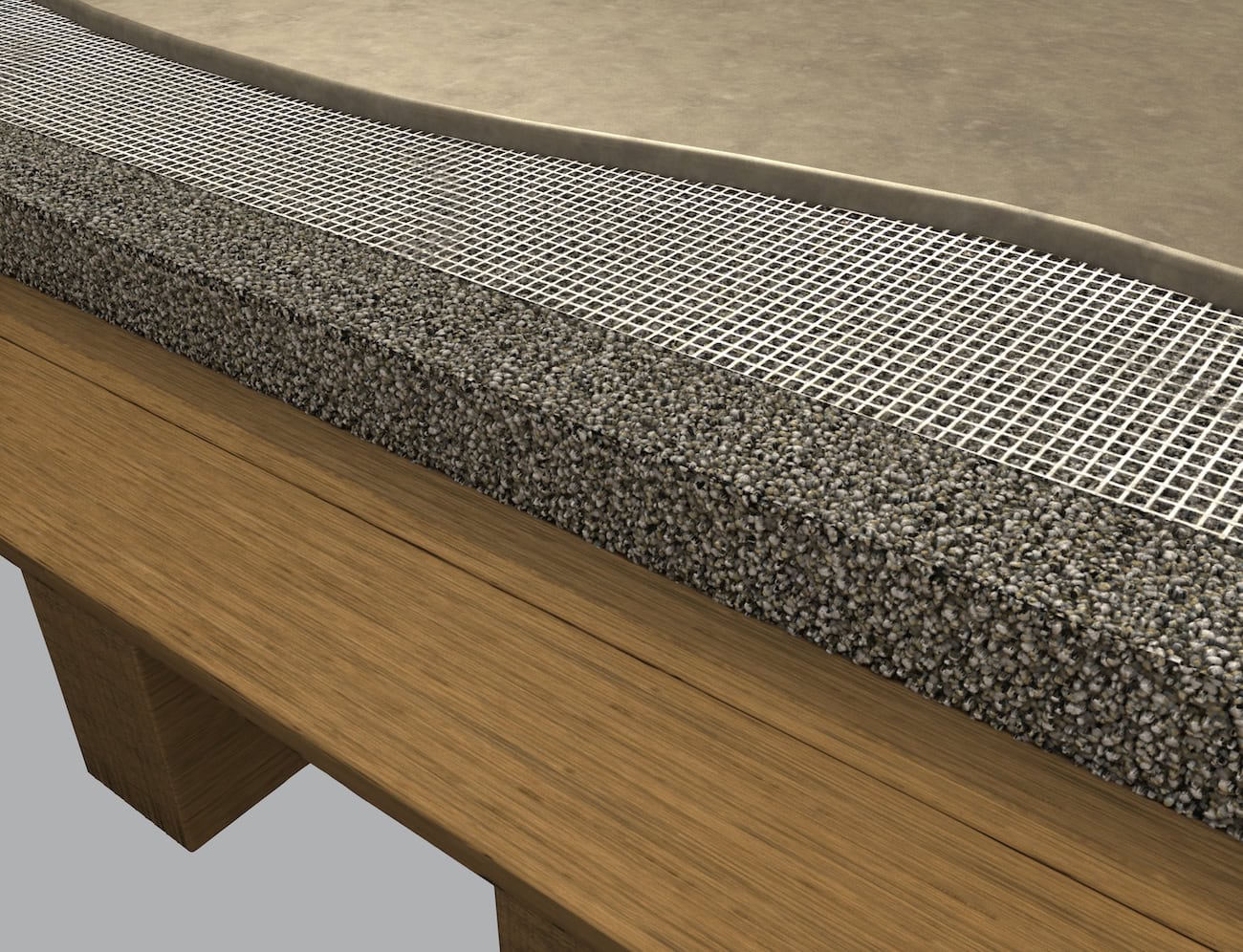 DEX STRONGLITE besteht aus einer gebundenen Leichtschüttung mit recyceltem EPS-Granulat, einem Armierungsgewebe und einer Spachtelmasse.