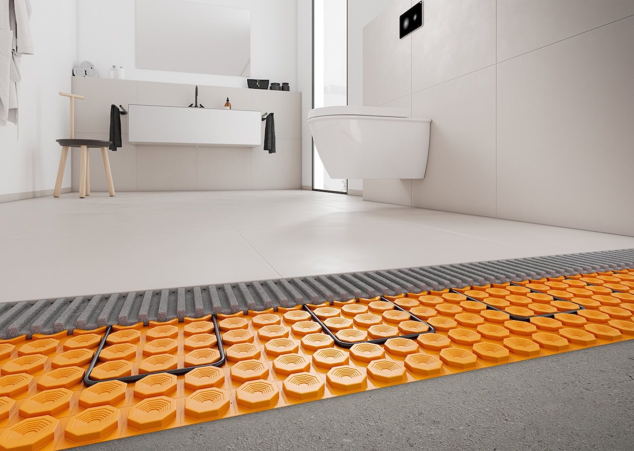 Dank der Peel & Stick-Technologie der Entkopplungsmatte Schlüter-DITRA-HEAT-PS lässt sich beim Einbau einer elektrischen Fußbodenheizung Zeit und Material sparen.