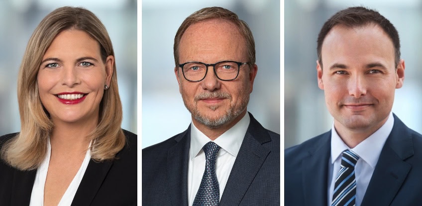 Ina Hundhausen wird am 01.07.2022 als Hauptgeschäftsführerin der Deutschen Bauchemie die Nachfolge von Norbert Schröter antreten. Verstärkt wird das neue Führungsteam durch die Geschäftsführer für Regulatory Affairs Martin Glöckner (Foto Mitte) und für Government Affairs Martin Ludescher (Foto rechts) Fotos: Deutsche Bauchemie