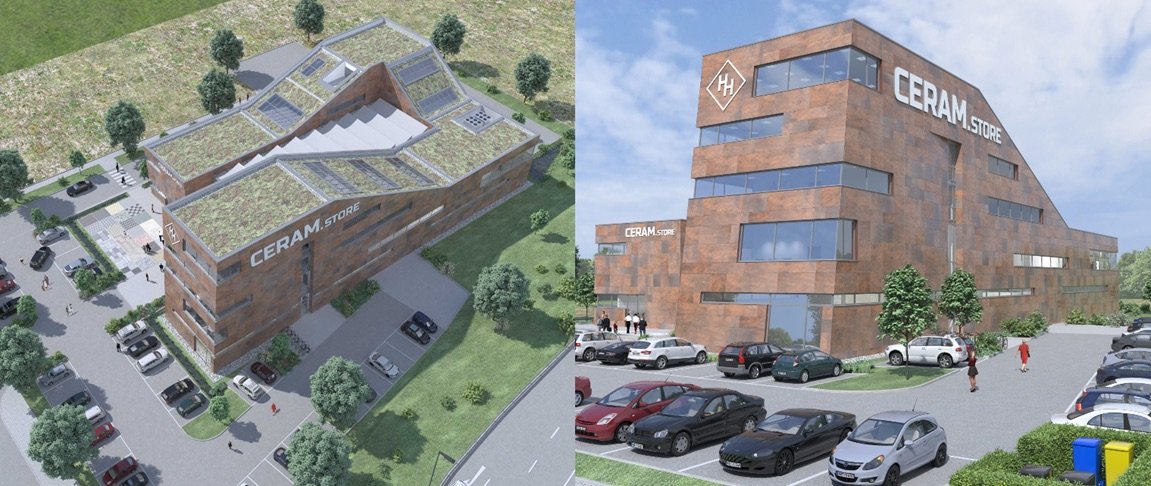 Nach seiner Fertigstellung wird der Ceram.Store in Karst als Landmarke von weithin sichtbar sein. Visualisierung: Winstroer Architekten
