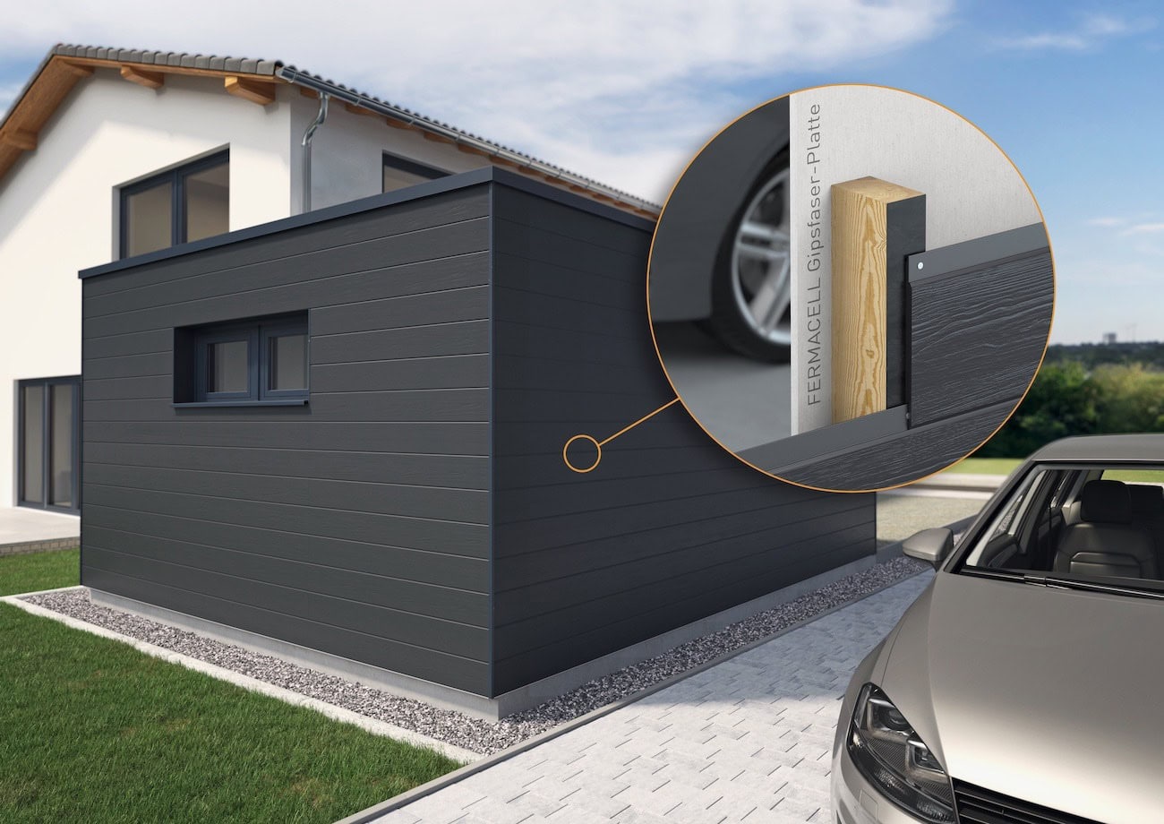 Garagenbau an der Grundstücksgrenze? Kein Problem. James Hardie hat jetzt für die Anforderung F30-B mit nichtbrennbarer Außenwandbekleidung eine Lösung mit VL Plank Fassadenplatten entwickelt.