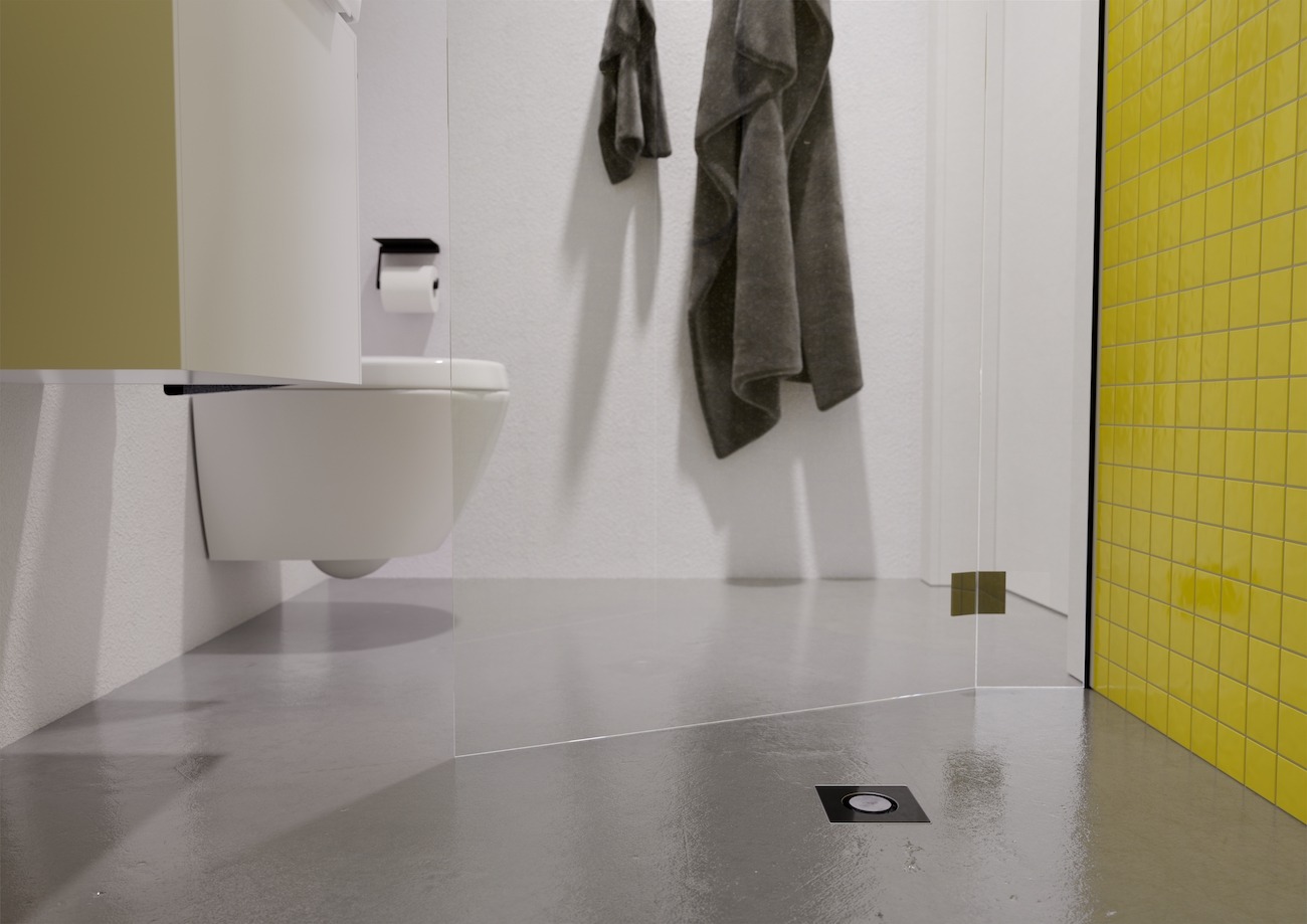 Die bodengleiche Dusche ist nahtlos in den Bodenbelag integriert. Der leistungsstarke Bodenablauf „Advantix“ von Viega sorgt dafür, dass das anfallende Wasser sicher abtransportiert wird.
