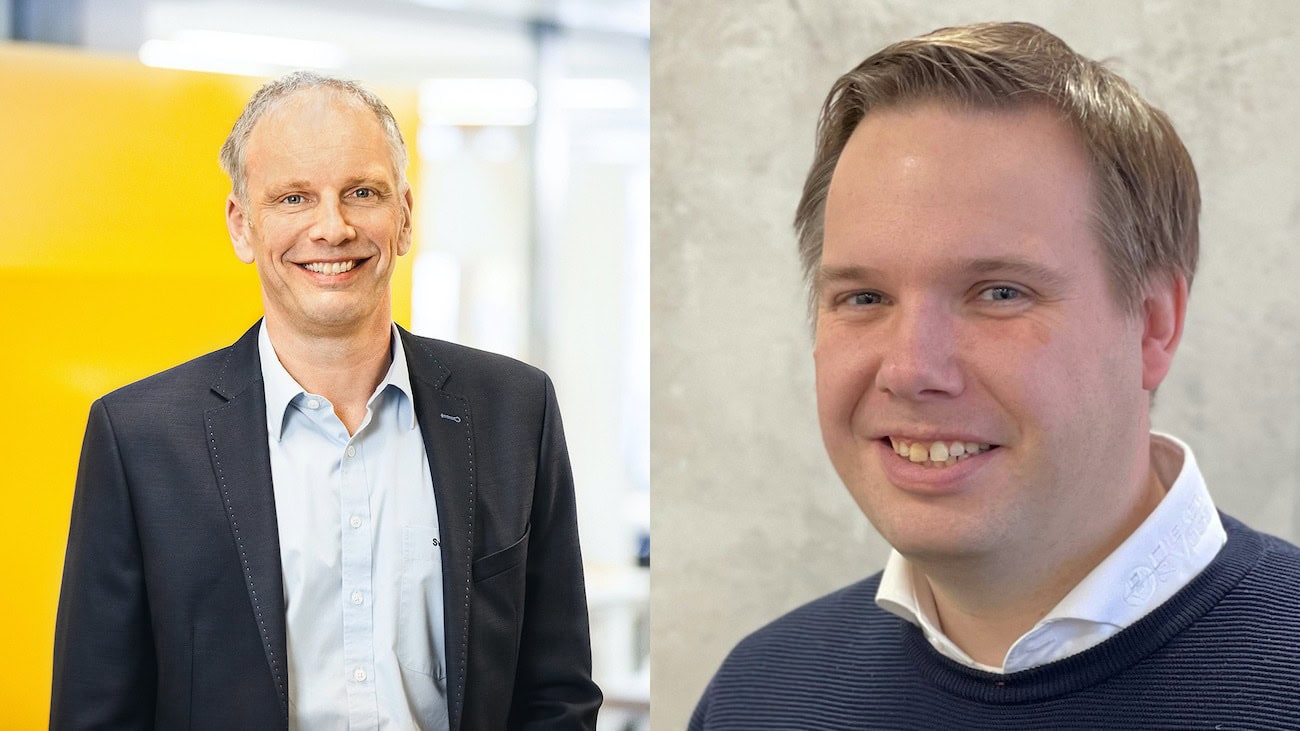 Sven Neumann (links), Fachgruppensprecher der Fachgruppe Fliese. Christoph Dieker (rechts), stellvertretender Fachgruppensprecher der Fachgruppe Fliese der Eurobaustoff 