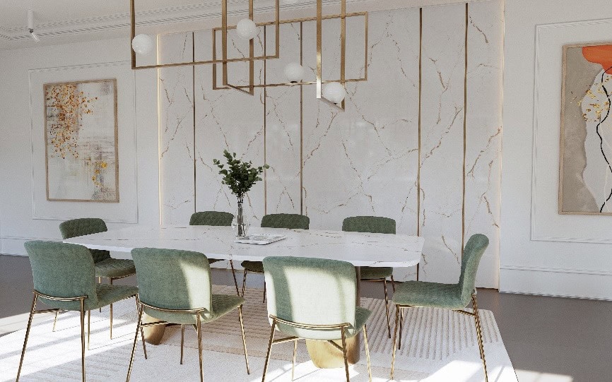 Wand und Tischplatte in Silestone® Versailles Ivory von Cosentino.