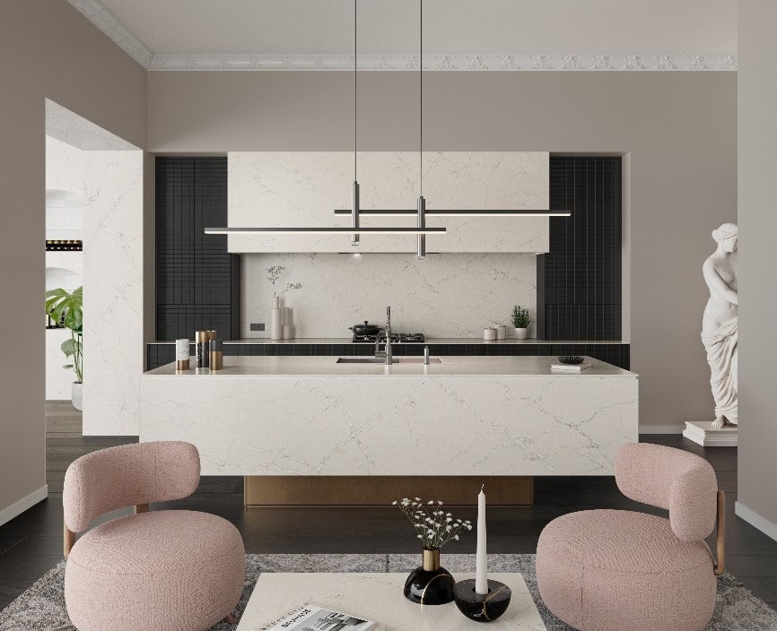 Moderne Küche in klassisch-elegantem Silestone® Victorian Silver.