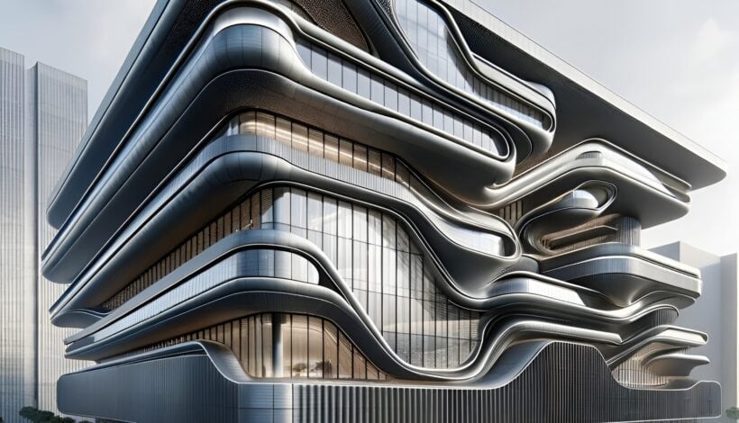 Denkbar sind auch futuristisch anmutende Fassadengestaltungen mit Keramikelementen beispielsweise mittels glatter, wellenförmiger Formen. Foto: Leipfinger-Bader / DALL-E