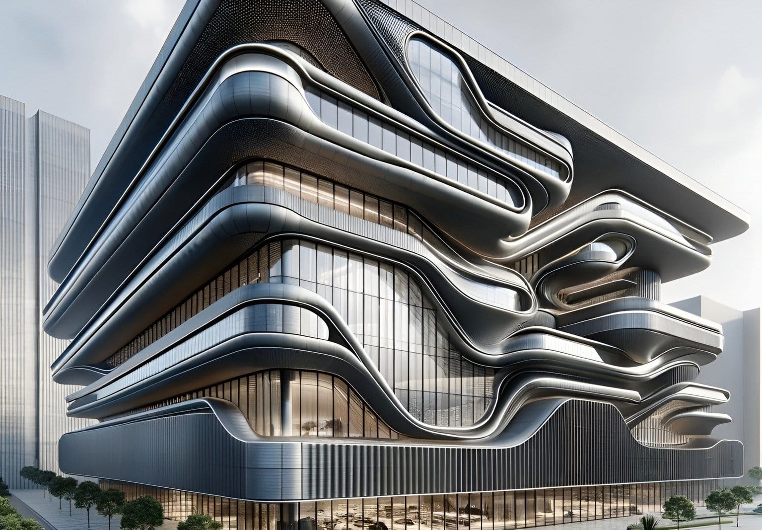 Denkbar sind auch futuristisch anmutende Fassadengestaltungen mit Keramikelementen beispielsweise mittels glatter, wellenförmiger Formen. Foto: Leipfinger-Bader / DALL-E