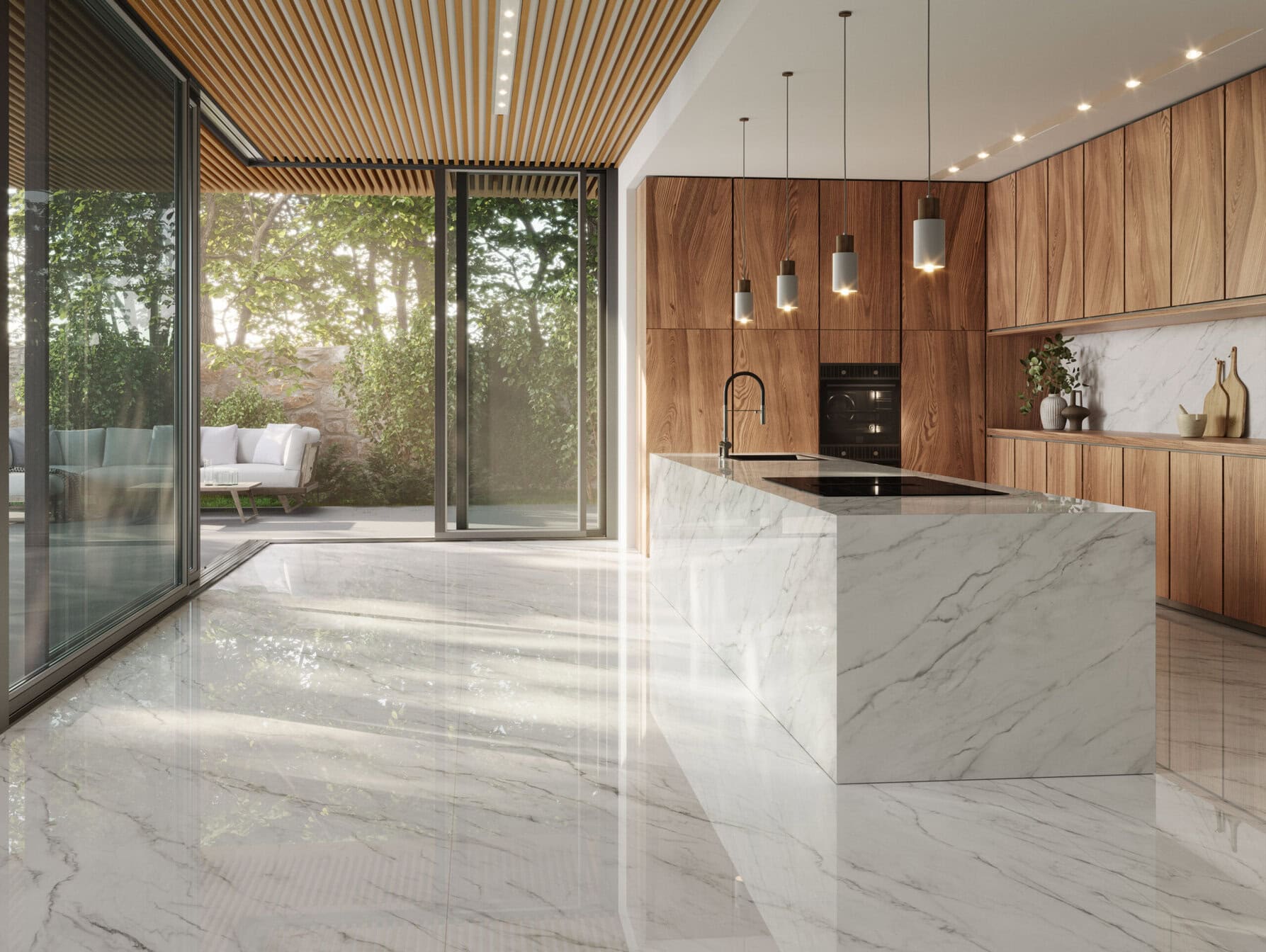 Küchenoptik mit der Kollektion Calacatta Classic von Venux im Format 3,20 x 1,60 m in hochglanzpolierter Ausführung