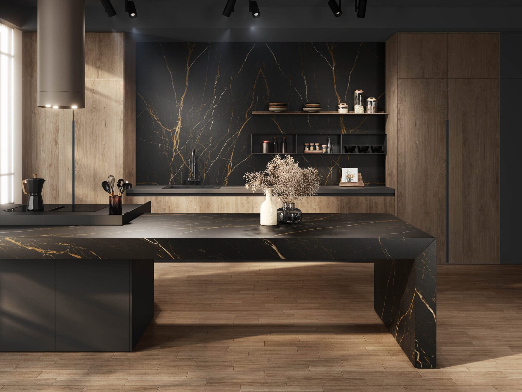 Kollektion Laurent von Venux im Format 3,20x1,60m, Silk 3D-Finish und Bookmatch-Design auf Arbeitsplatten und Wandverkleidungen