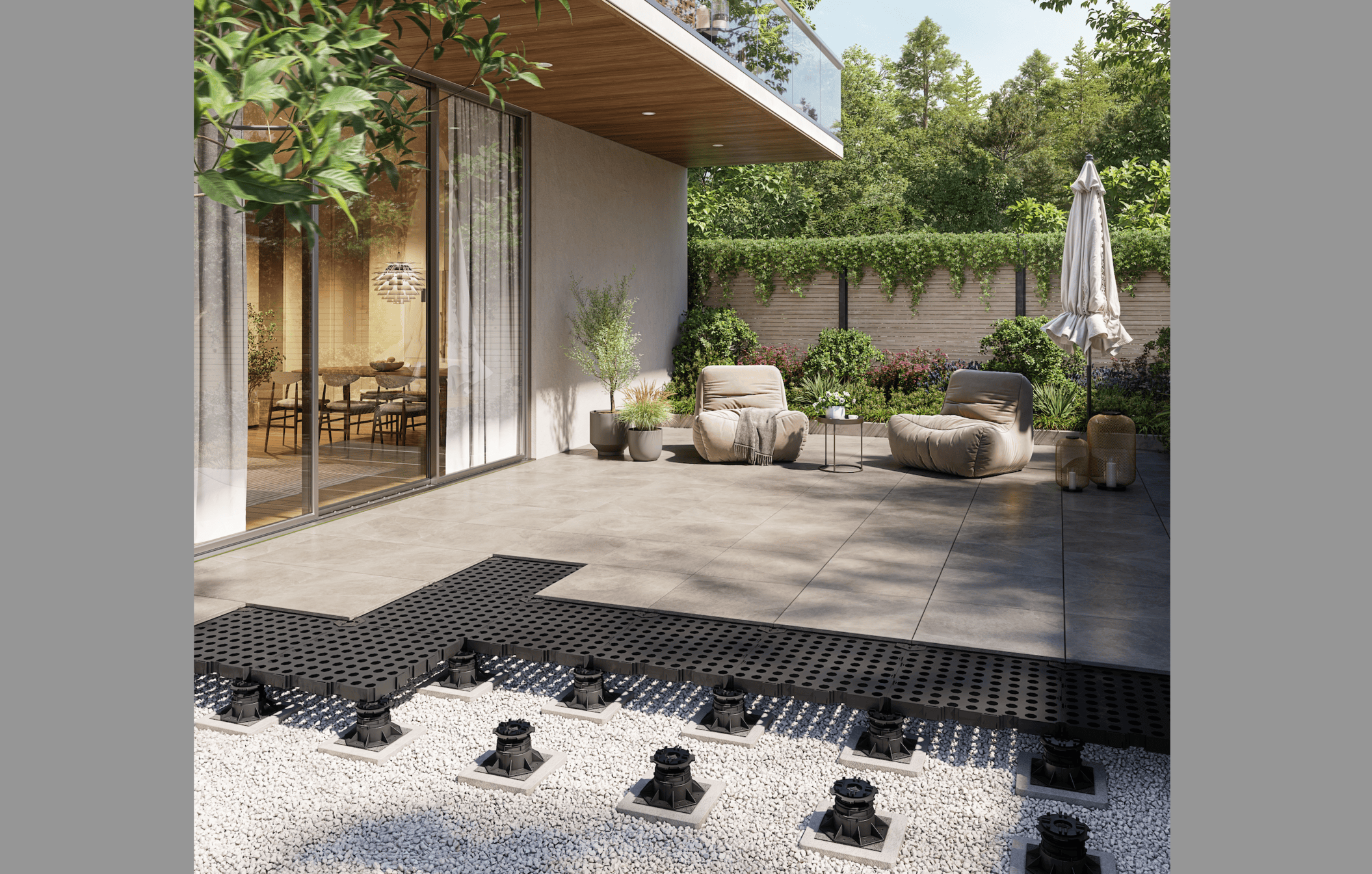 „Beliebige Verlegemuster, maximaler Schutz: Durchbruchsicherer Plattenbelag mit stabilisierendem Seitenverbund. Trias Wabic 2.o. Fotos: Blauform