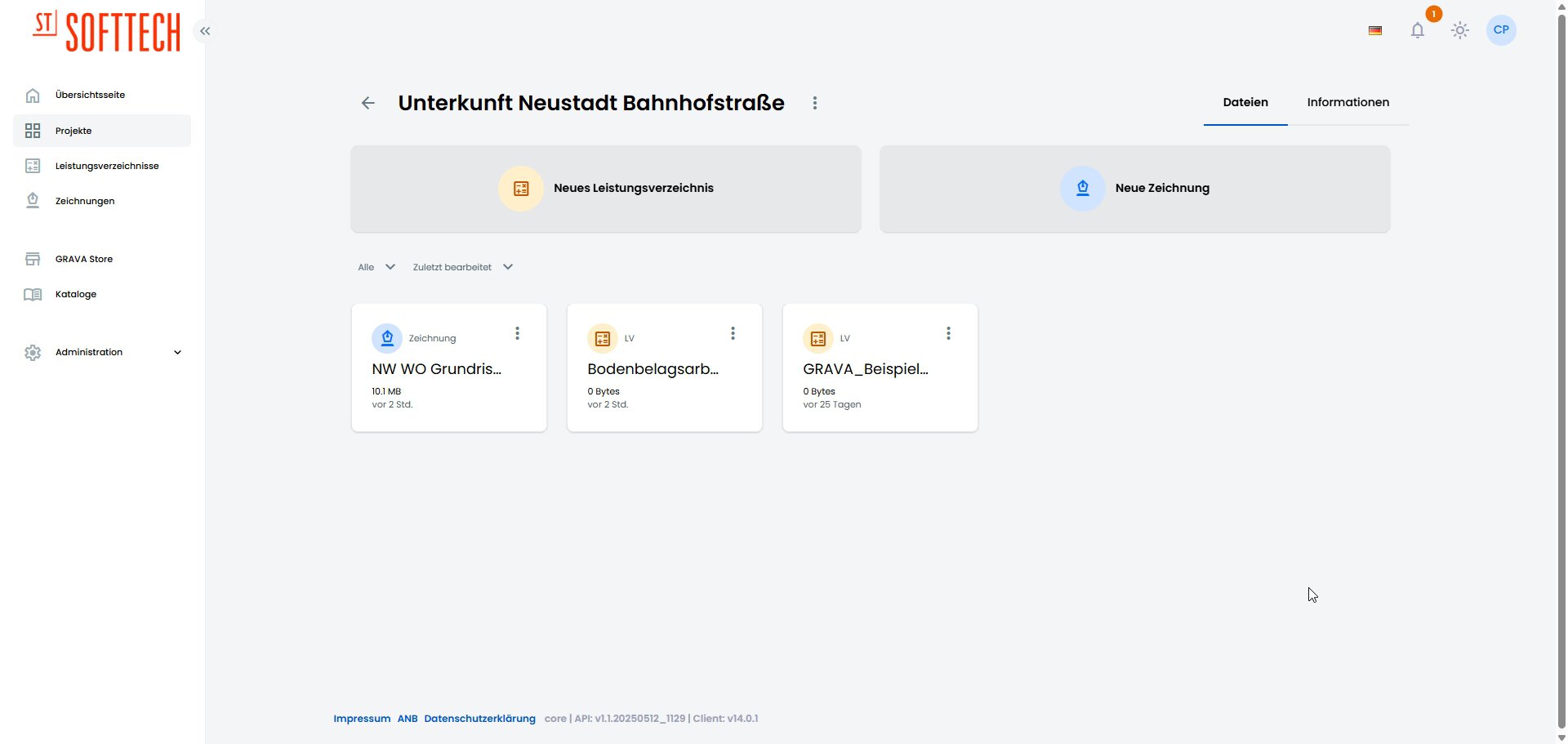 Projektübersicht in GRAVA connect mit Dateien und Team-Collaboration-Tools.