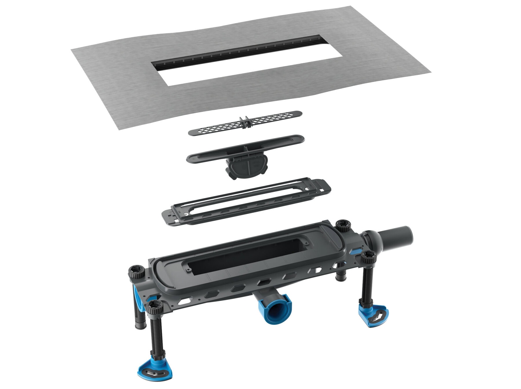 Neue Features beim weiterentwickelten Duschrinnenystem DallFlex 2.0: werkseitig vormontierte Montageeinheit, Schnellspannsystem und mechanischer Geruchsverschluss.Foto: Dallmer