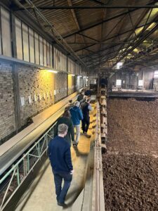 Nachdem die Rohlinge aus der Trockenkammer gekommen sind, werden sie auf den Ofenwagen gesetzt. Die Teilnehmer betrachten die sorgfältig gestapelten Rohlinge, die nun für den Brand vorbereitet werden.