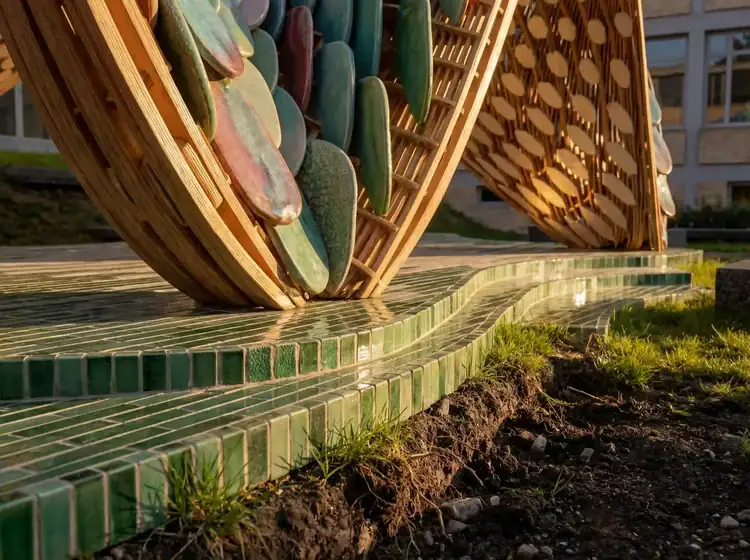 Die „Drachenschuppen“ bestehen aus mechanisch gefügten Holz- und Keramikmodulen, die mehrere Ab- und Aufbauzyklendurchlaufen können.