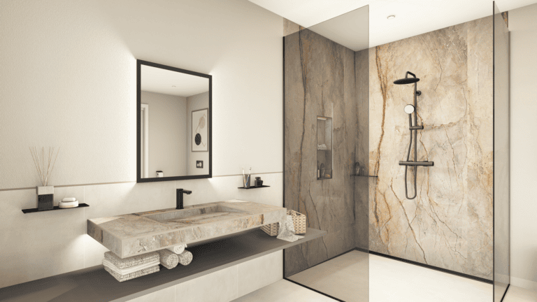 Palette-CAD-Rendering mit Waschtisch-Set KERDI-BOARD-W: Die digitale Badplanung enthält die exakten Produktdaten KERDI-BOARD-W und lässt sich in Palette CAD per Knopfdruck in Highend-Fotorealistik visualisieren. © Palette CAD