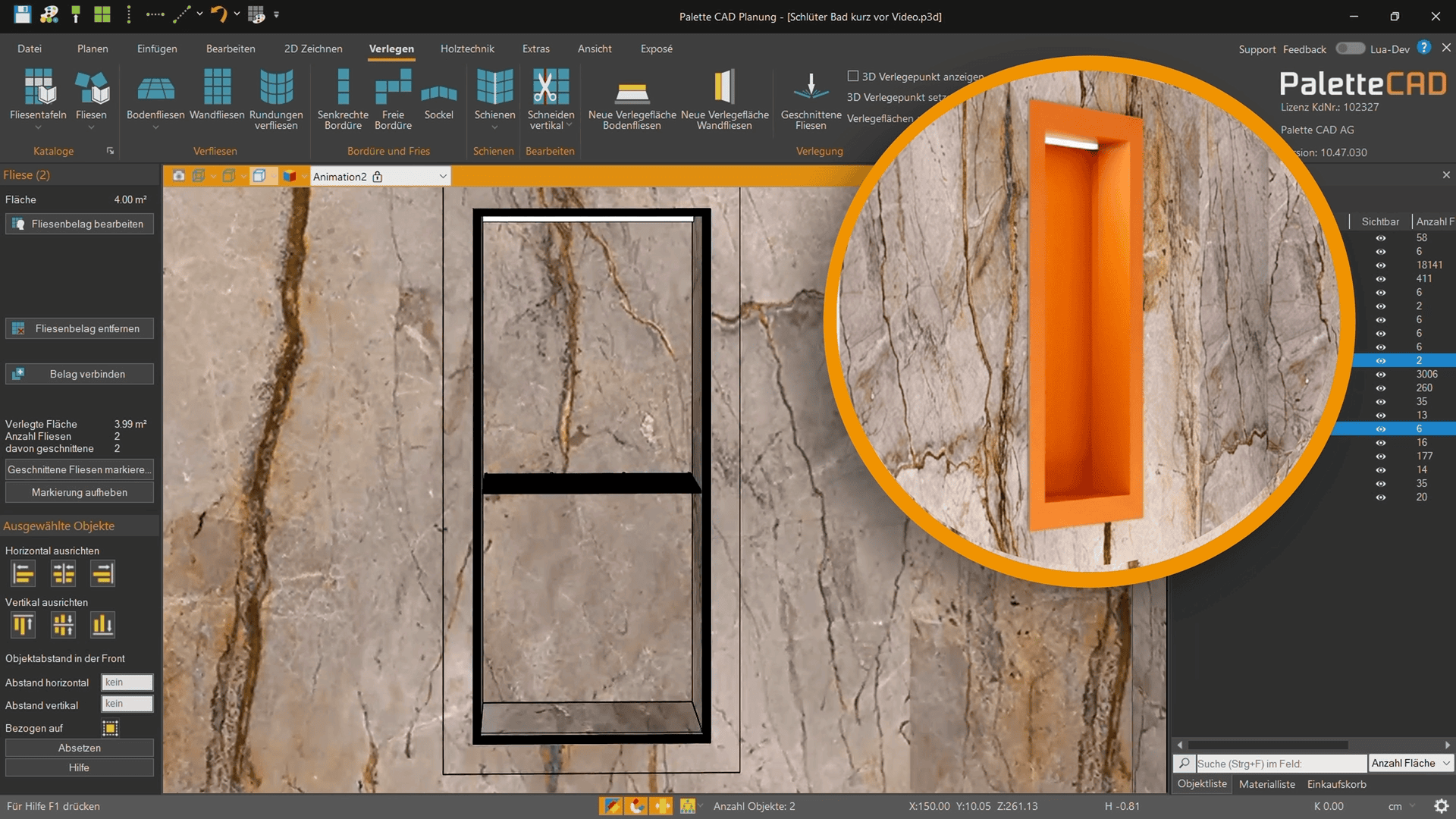 Integration eines Nischen-Sets aus KERDI-BOARD mit LIPROTEC-LED-Technik in Palette CAD