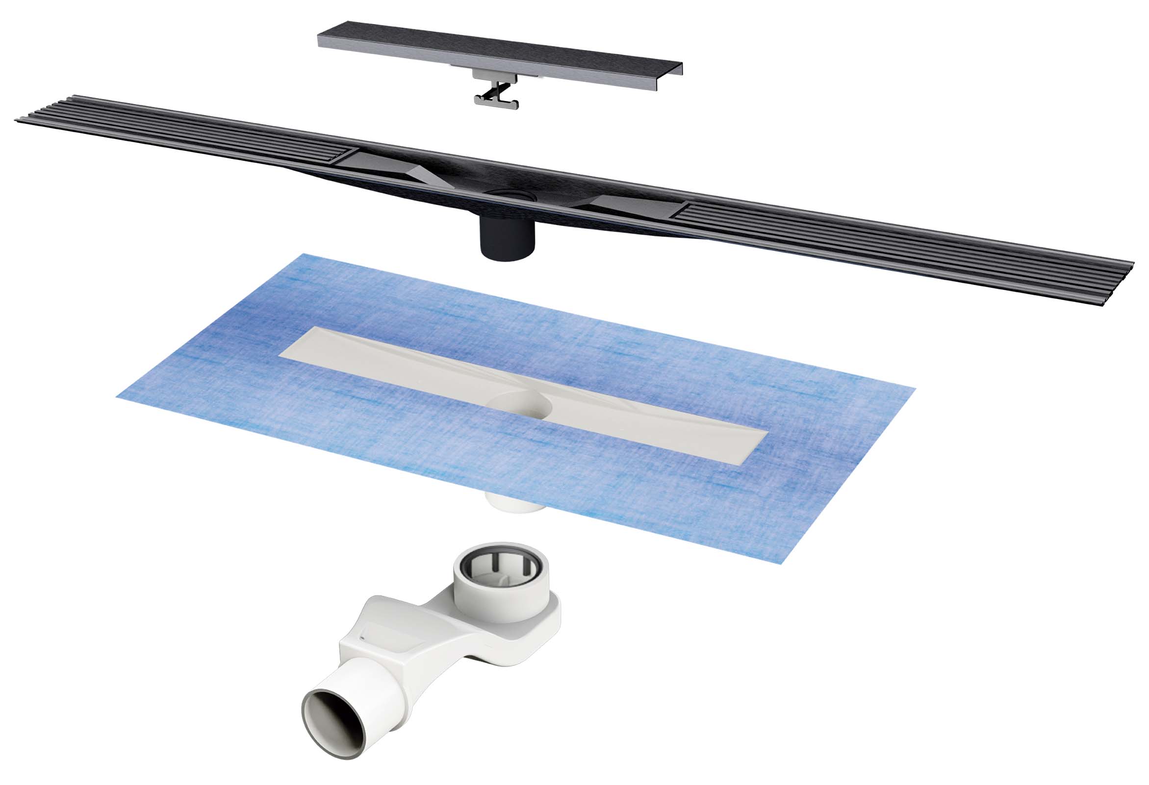 Der Aufbau der Tileline mit Abdeckung, Rinnenkörper, Abdichtung und Ablauf.