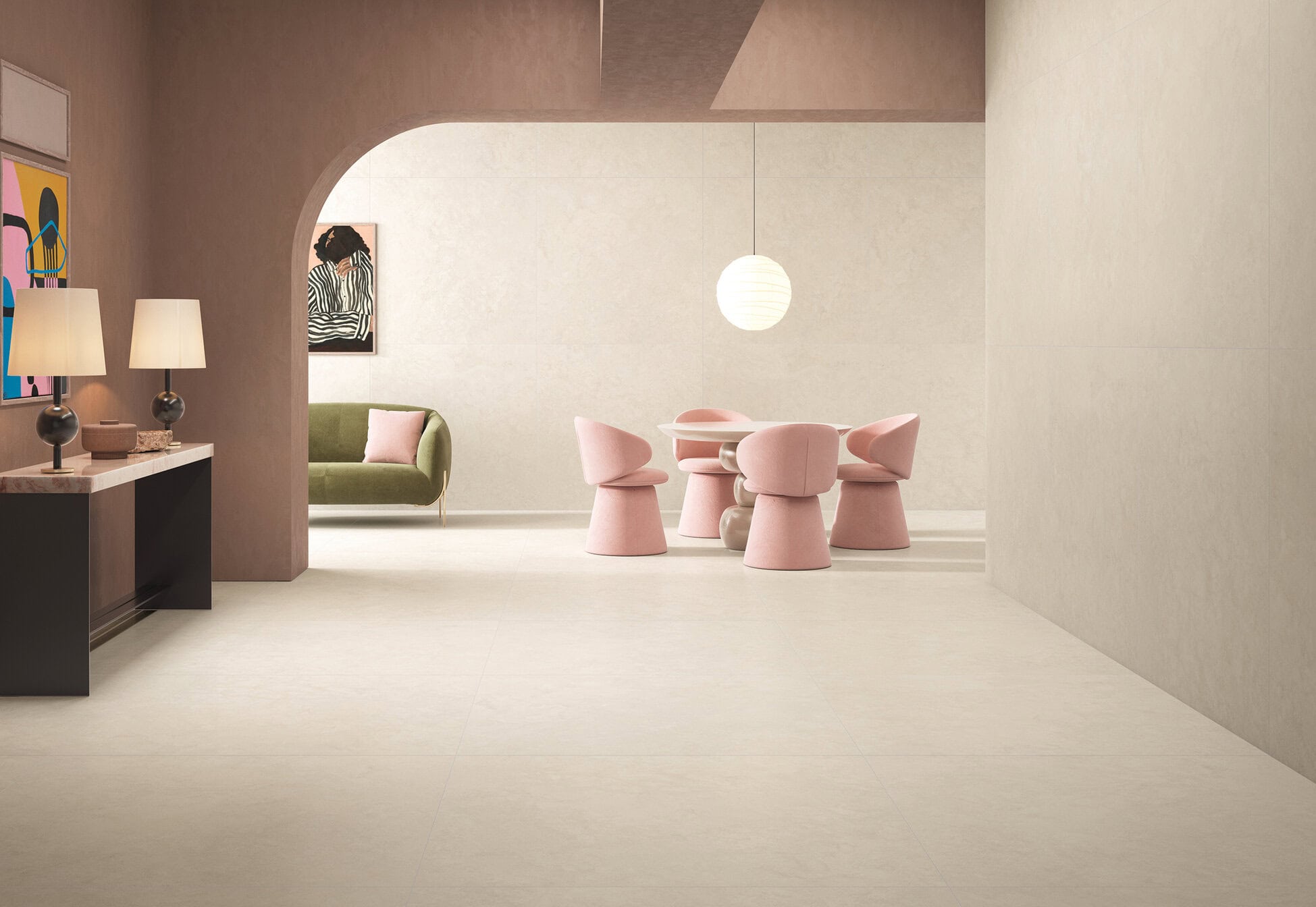 Sanfte Farbtöne, zurückhaltende Texturen und organische Geometrien prägen Der Trend Opulis setzt auf dekorative Elemente, Reliefs und aufwendig gestaltete Oberflächen mit starker räumlicher Wirkung. Foto: Cifre Cerámica