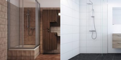 Links: Das in die Jahre gekommene Bad mit erhöhter Duschwanne. Für eine barrierefreie Modernisierung fehlt oft das Gefälle. Rechts: Das modernisierte barrierefreie Bad, hier abgebildet mit der Duschrinne CeraWall Connect von Dallmer. Fotos: Dallmer