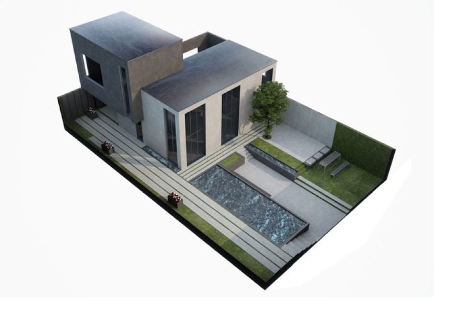 Das virtuelle Phantasie-Haus geht über zwei Etagen und hat auch einen Garten mit Terrasse. Animation und Video: Porcelaingres